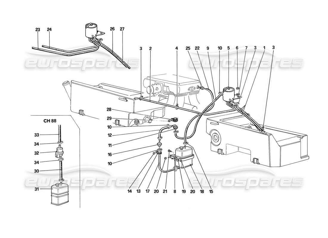 ferrari mondial 3.2 qv (1987) antievaporative emission control system (for us and sa version) part diagram