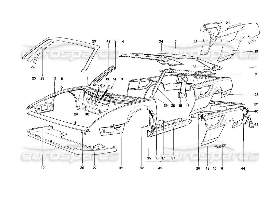 ferrari mondial 3.2 qv (1987) body shell - outer elements parts diagram