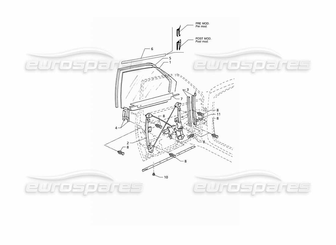 maserati qtp v8 (1998) front doors: windows and regulators parts diagram