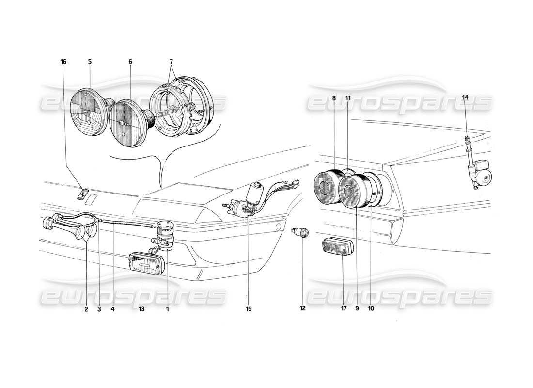ferrari 412 (mechanical) front and rear lights - horns and aerial parts diagram