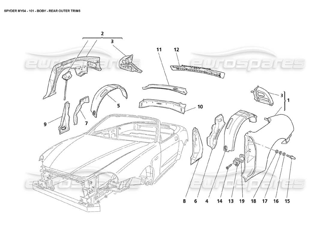 maserati 4200 spyder (2004) body rear outer trims parts diagram