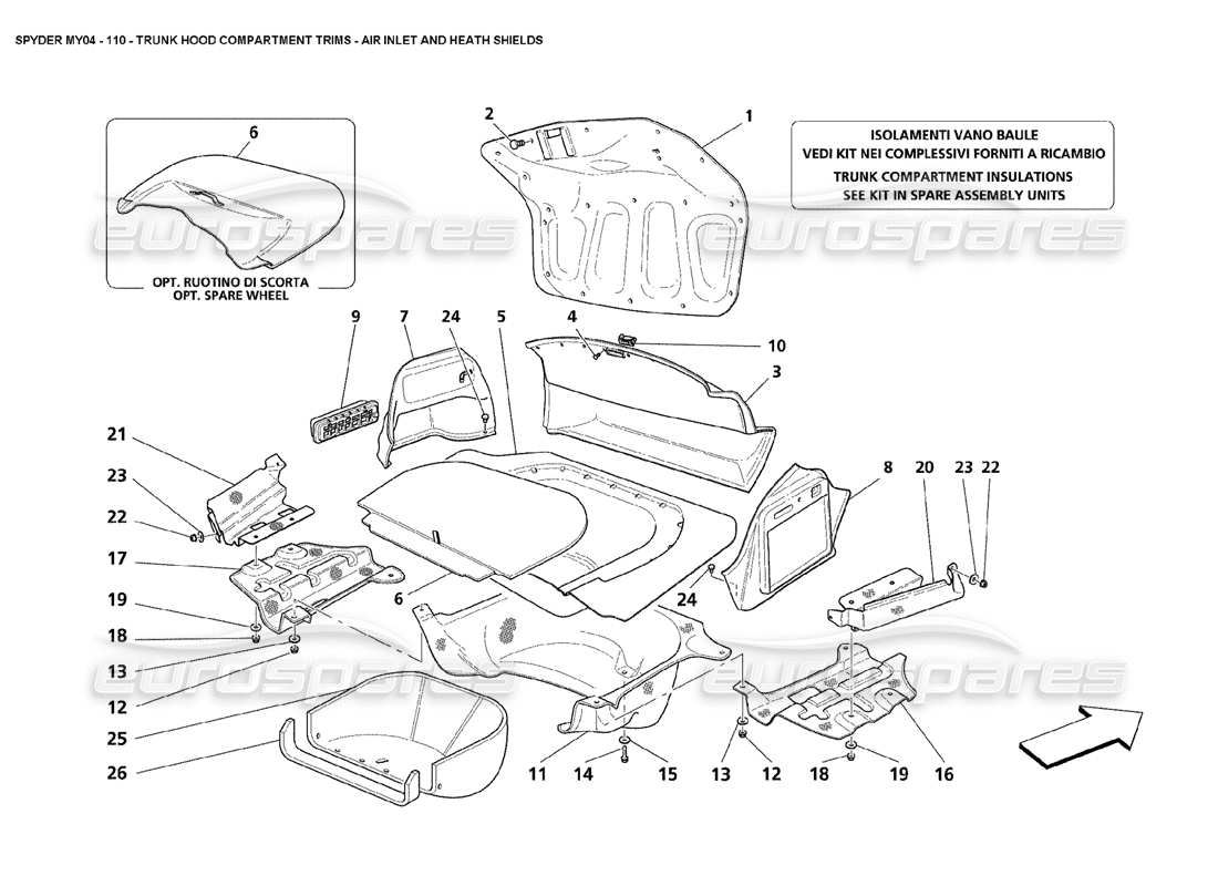 maserati 4200 spyder (2004) trunk hood compartment trims air inlet and heath shields parts diagram