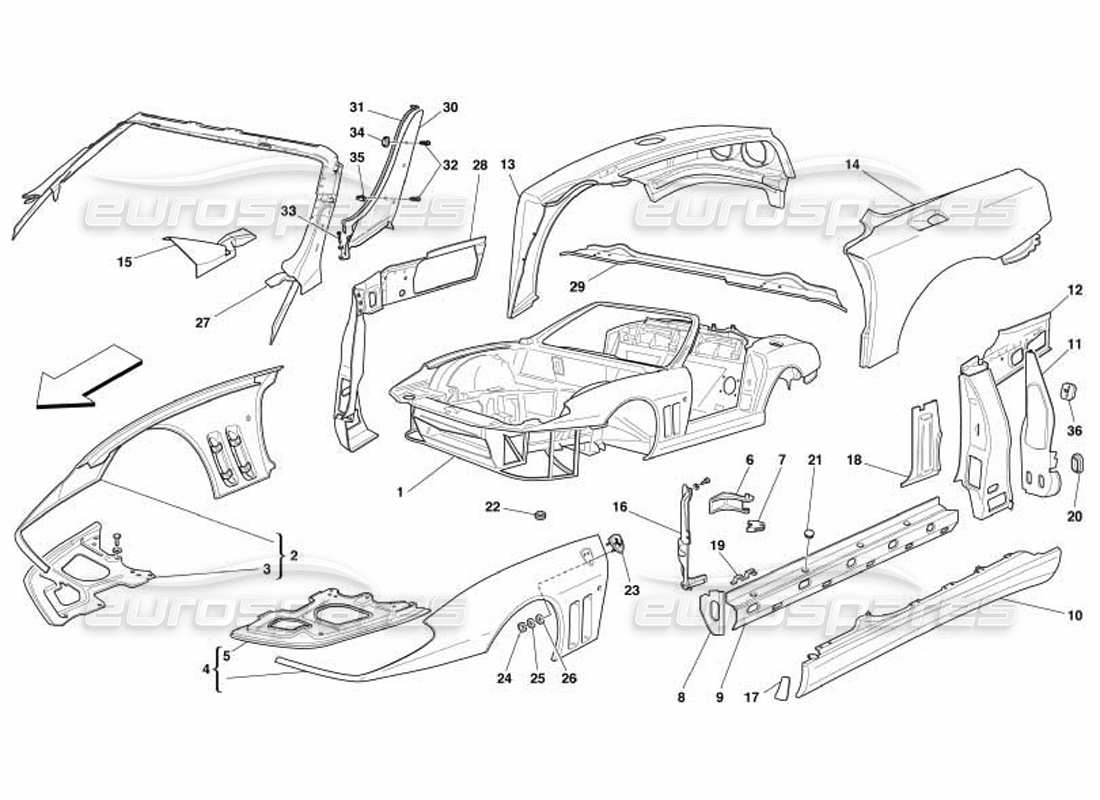 ferrari 550 barchetta body - outer trims part diagram