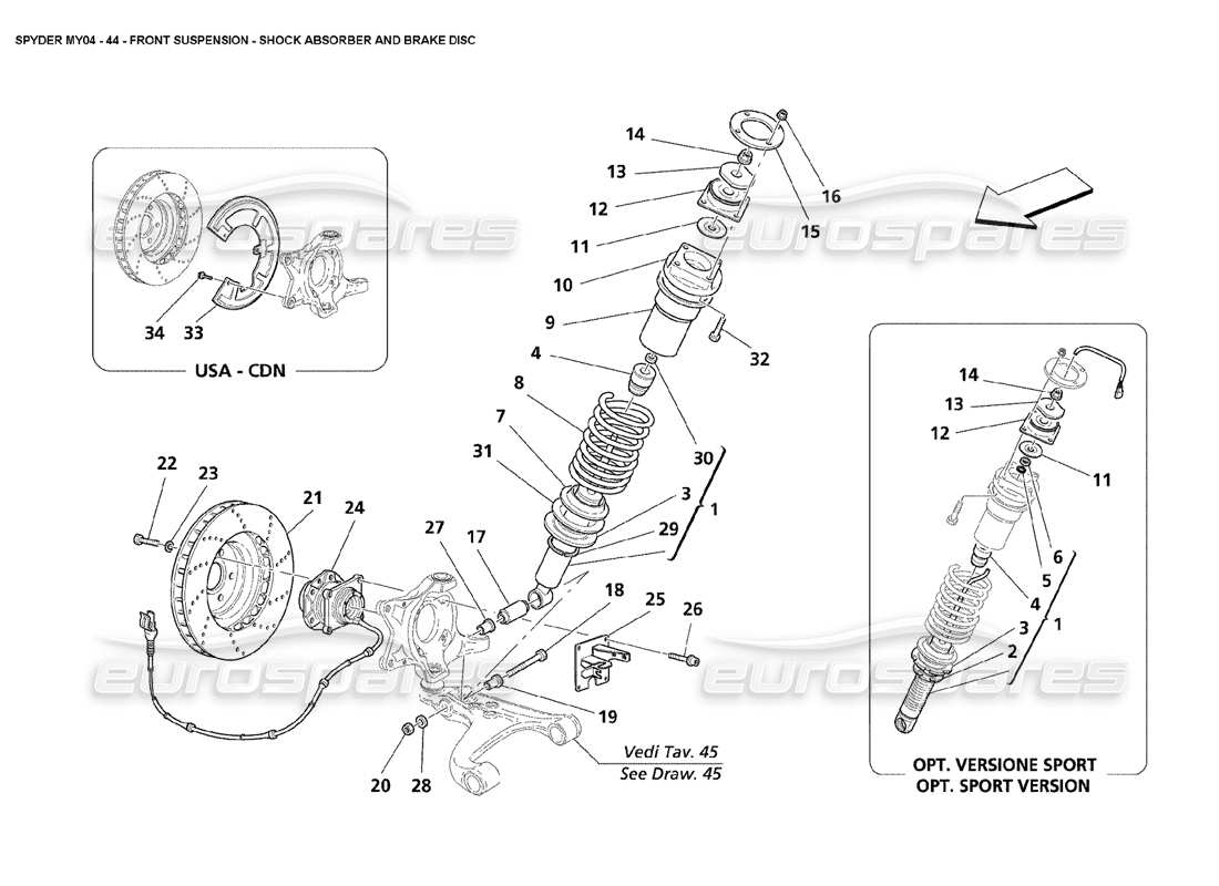 maserati 4200 spyder (2004) front suspension shock absorber and brake disc parts diagram