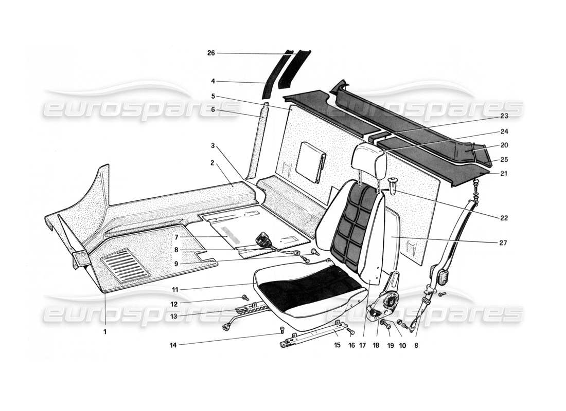 ferrari 208 turbo (1982) interior trim, accessories and seats part diagram