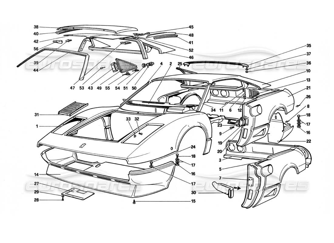 ferrari 208 turbo (1982) body shell - outer elements part diagram