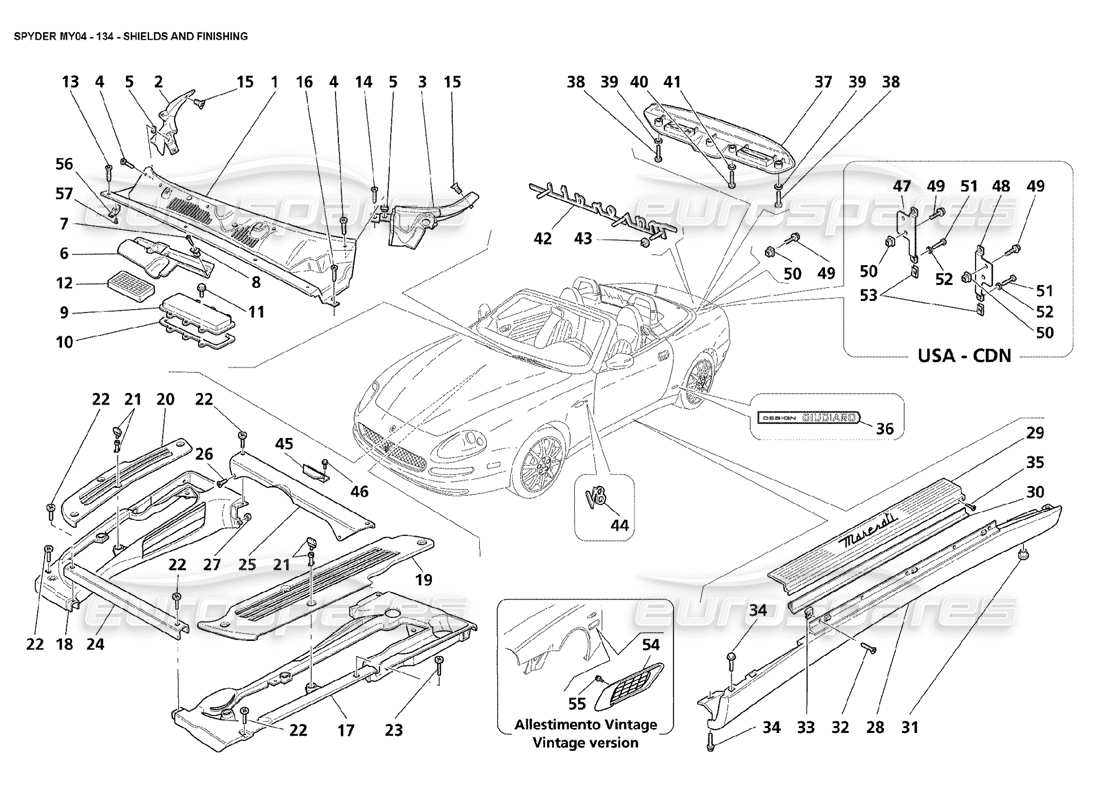 maserati 4200 spyder (2004) shields and finishing part diagram