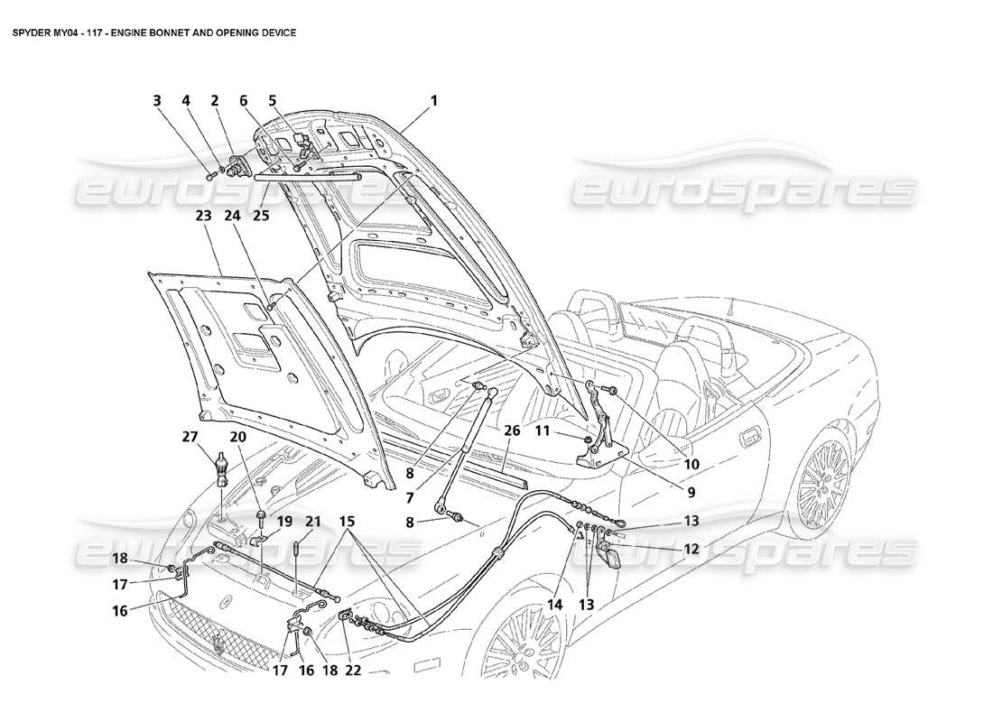 maserati 4200 spyder (2004) engine bonnet and opening device part diagram