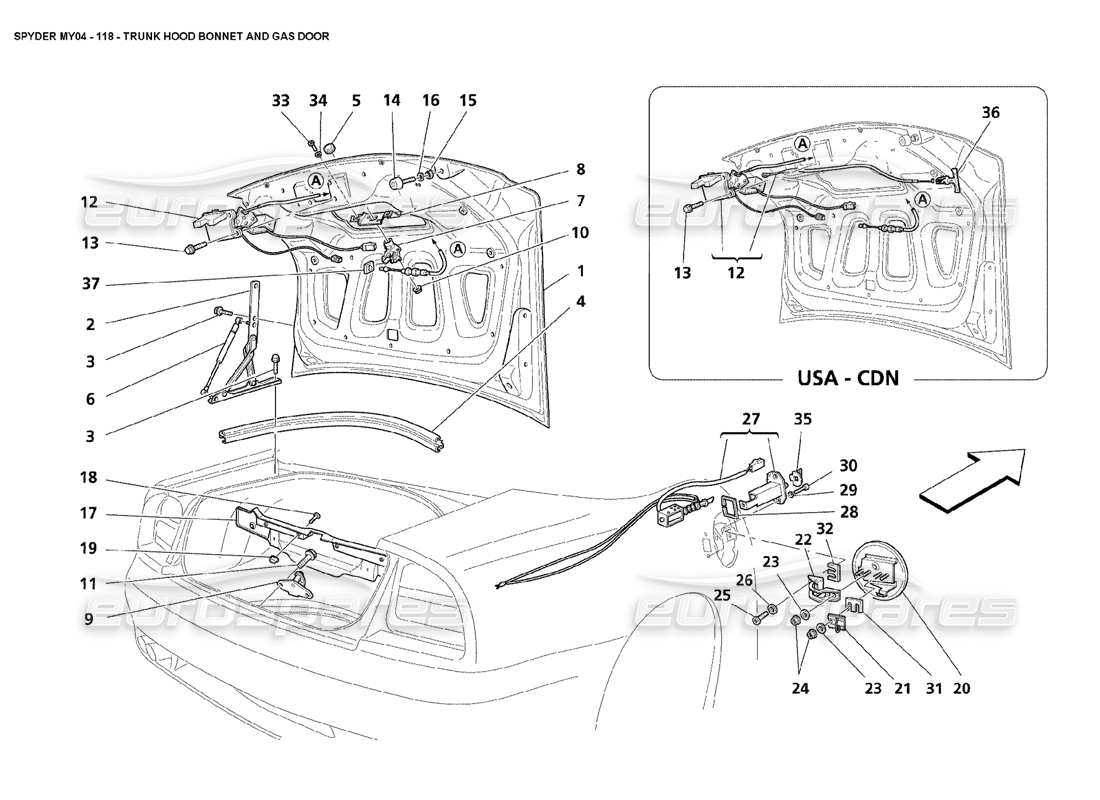 maserati 4200 spyder (2004) trunk hood bonnet and gas door part diagram