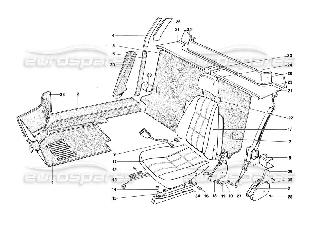 ferrari 328 (1988) interior trim, accessories and seats parts diagram