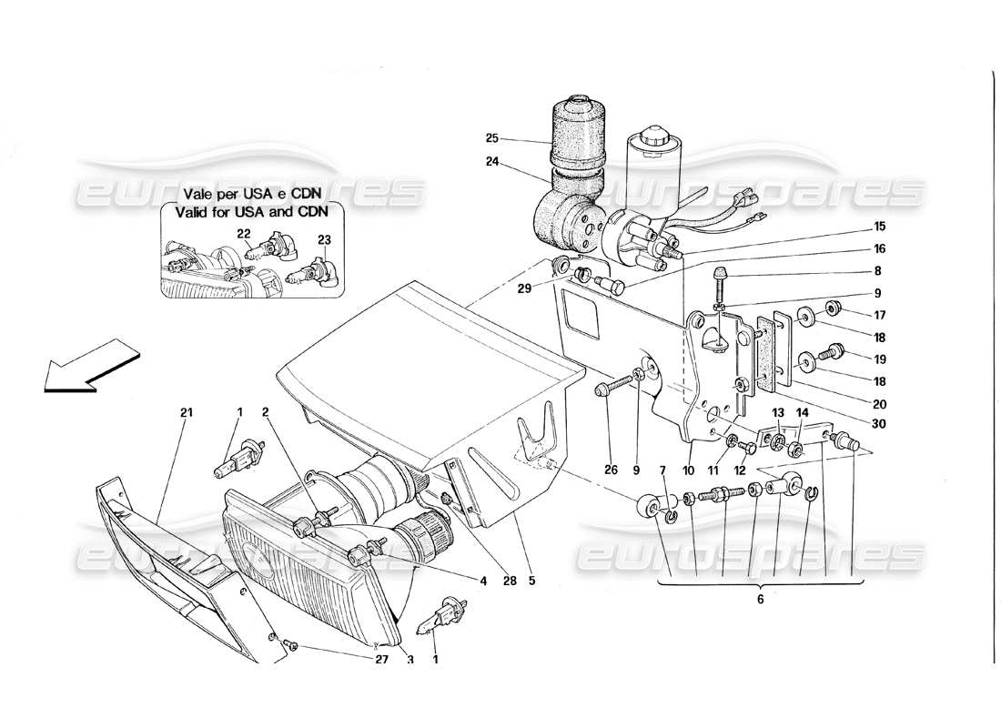 ferrari 348 (1993) tb / ts lights lifting device and headlights part diagram