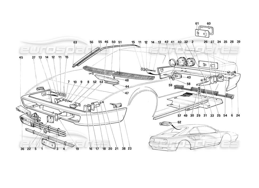 ferrari mondial 3.2 qv (1987) bumpers, mouldings & lights parts diagram