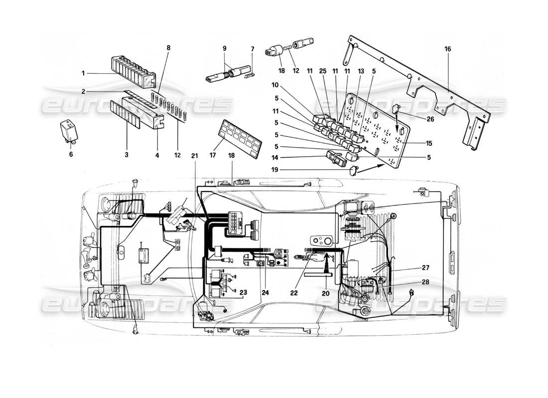 ferrari 208 turbo (1982) electrical system - cables, fuses and relays part diagram