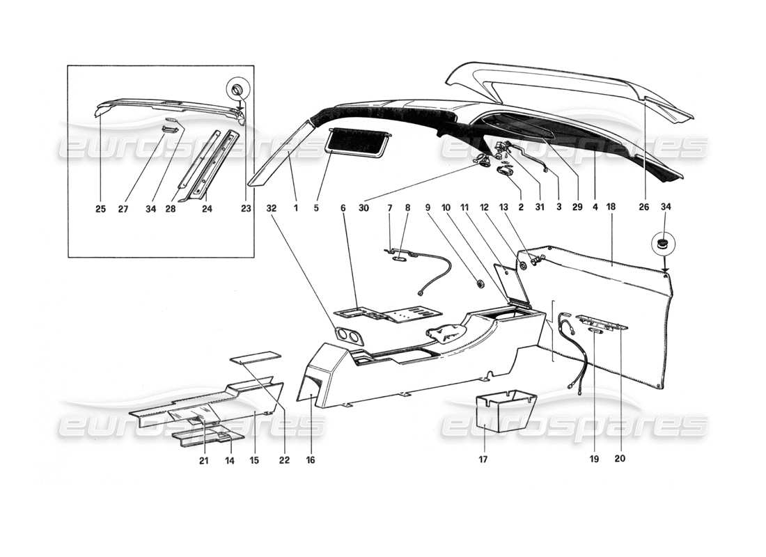 ferrari 208 turbo (1982) tunnel and roof parts diagram