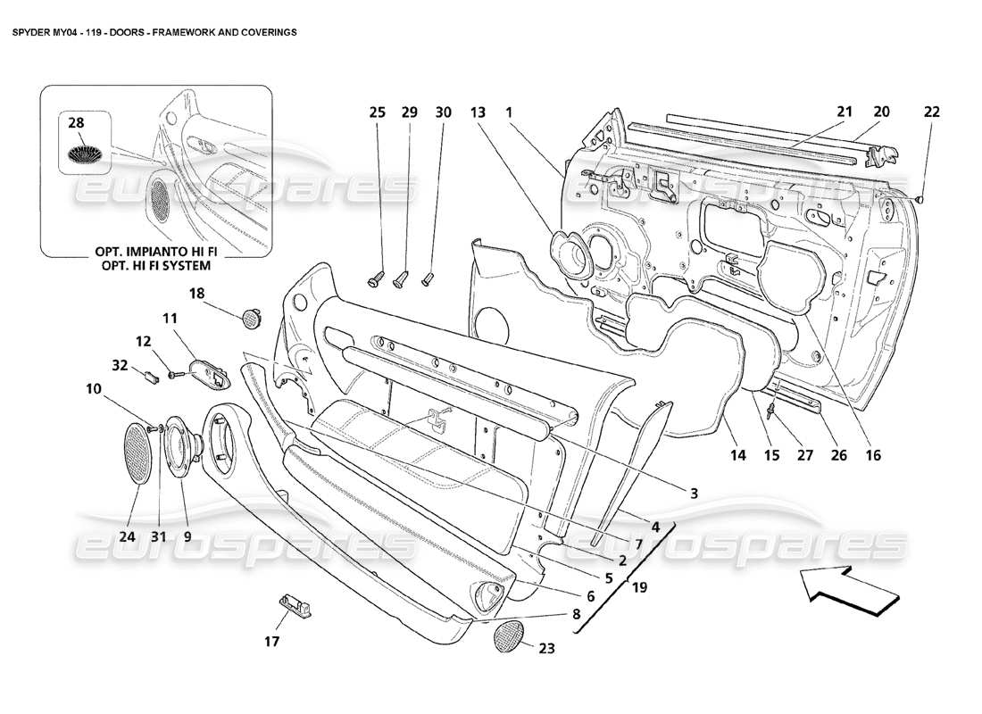 maserati 4200 spyder (2004) doors framework and coverings parts diagram