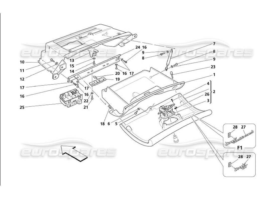 maserati 4200 coupe (2005) dashboard drawer parts diagram