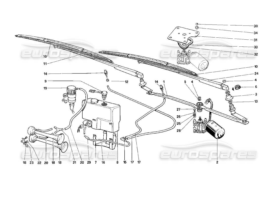 ferrari mondial 3.2 qv (1987) windshield wiper and horns parts diagram