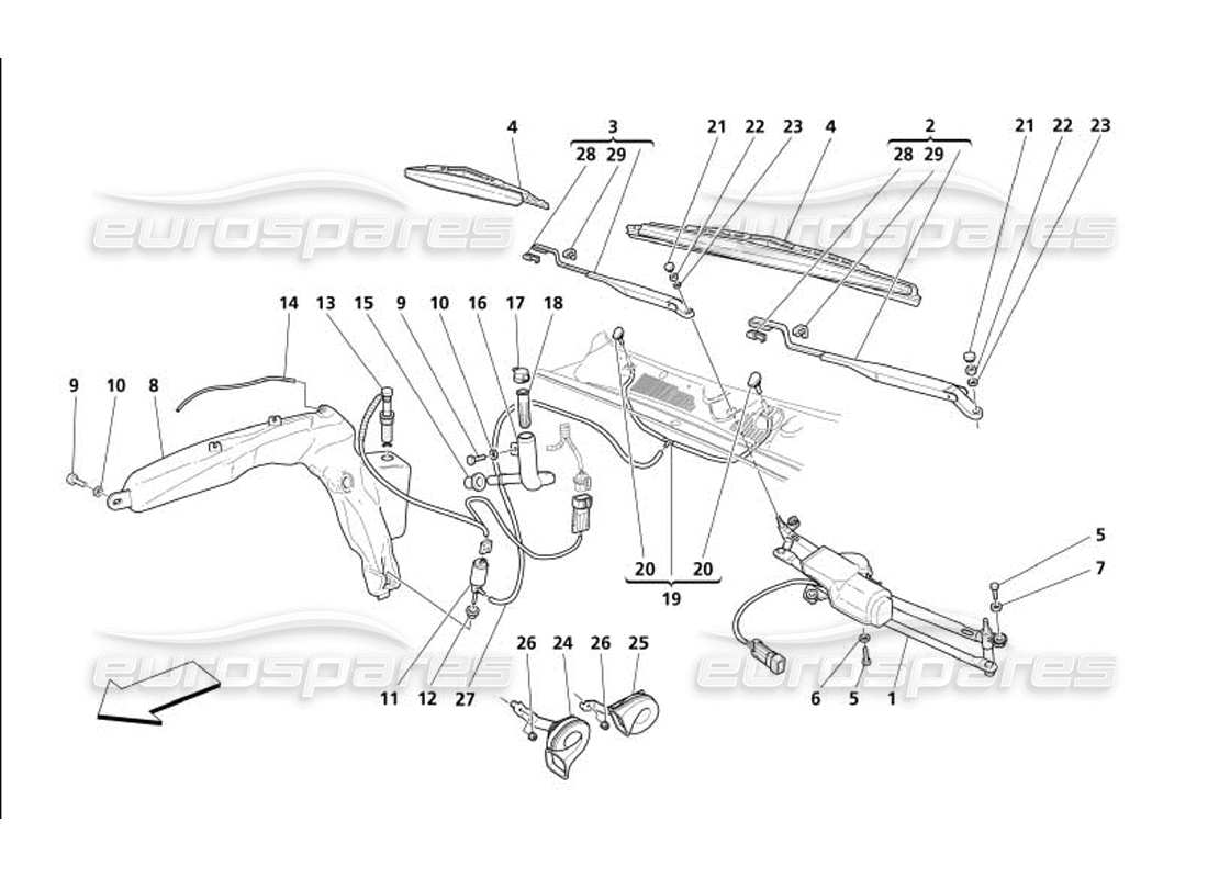 maserati 4200 gransport (2005) windshield - glass washer and horns parts diagram