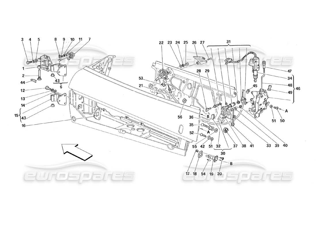 ferrari 348 (1993) tb / ts doors - opening control and hinges part diagram