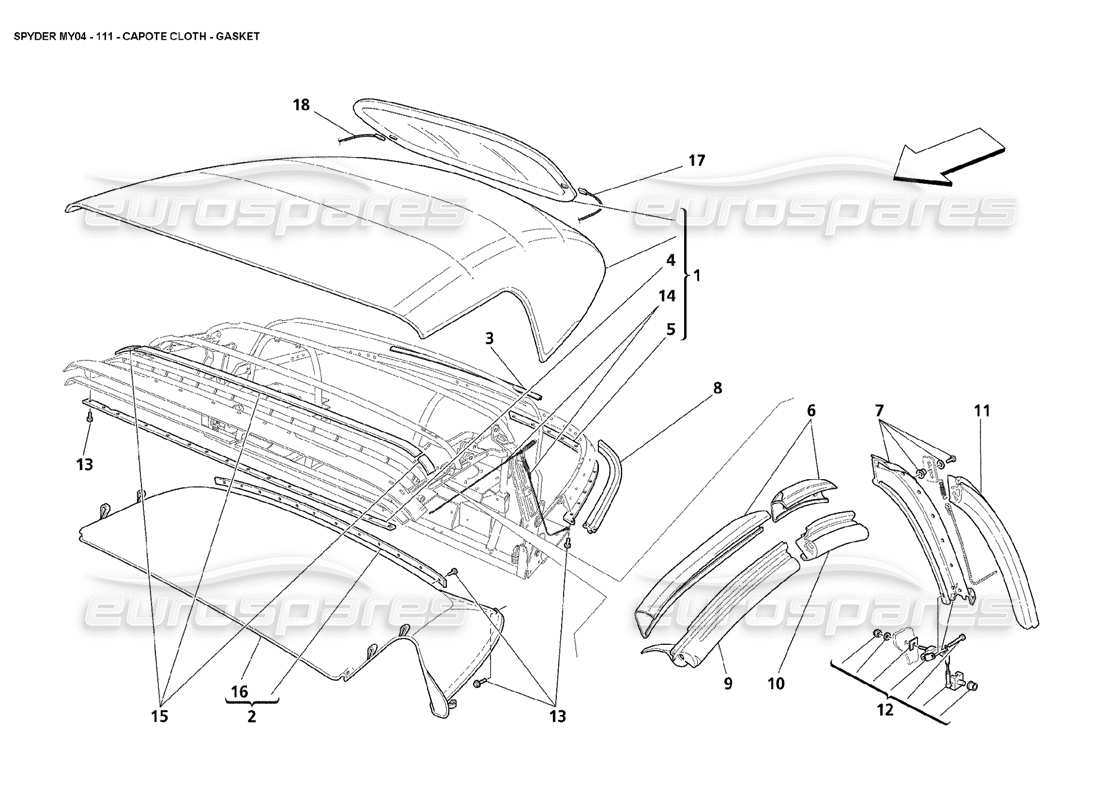 maserati 4200 spyder (2004) capote cloth gasket part diagram