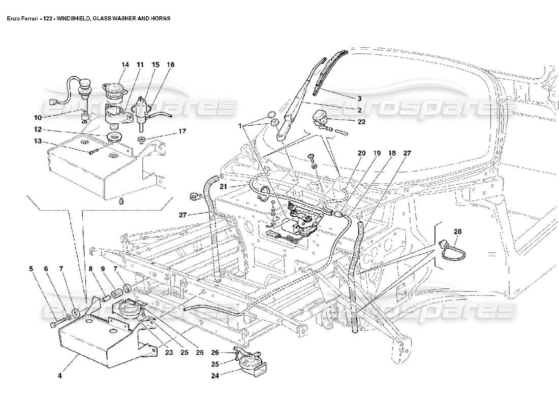 ferrari enzo windshield, glass washer and horns parts diagram