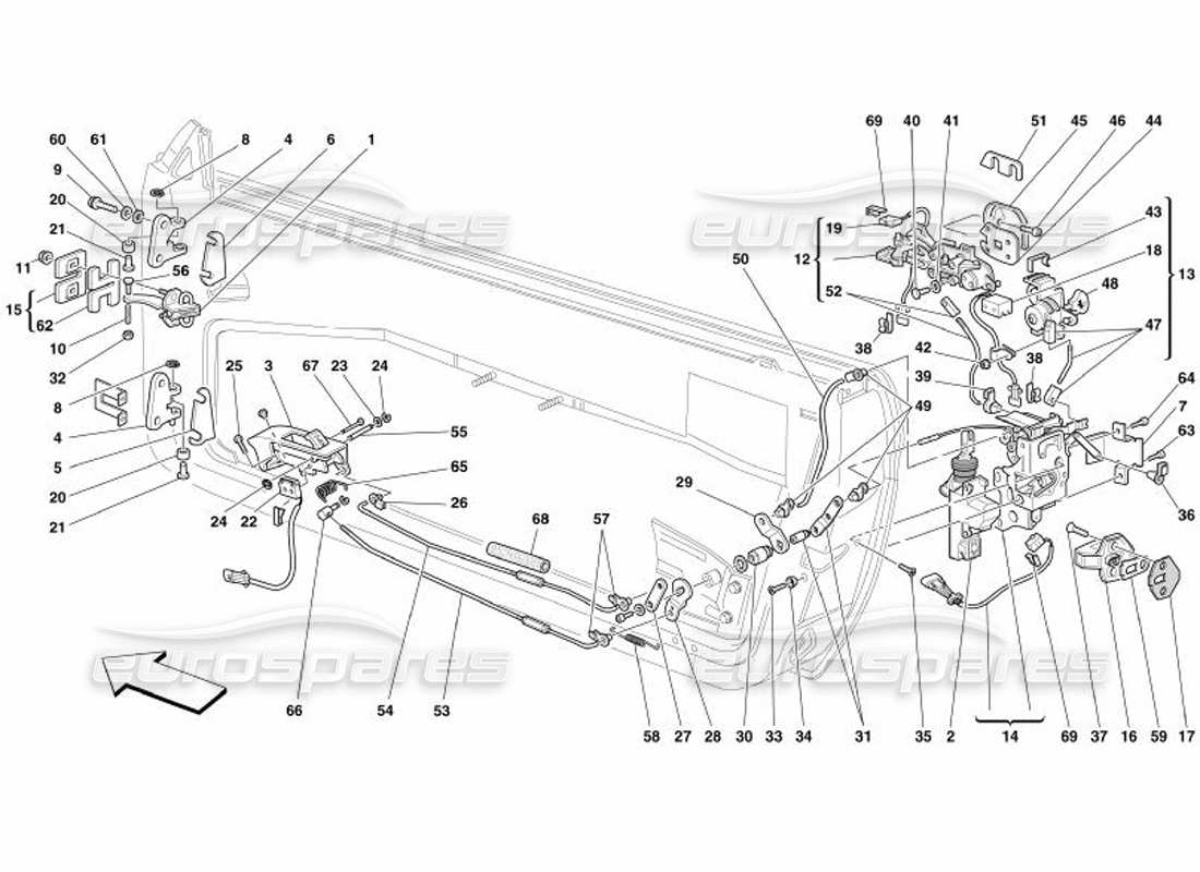 ferrari 575 superamerica doors - opening control and hinges parts diagram