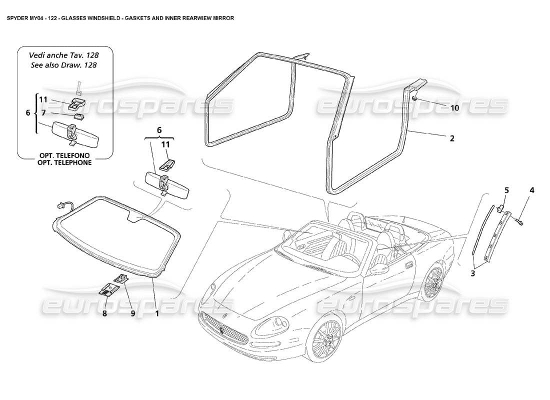 maserati 4200 spyder (2004) glasses windshield part diagram