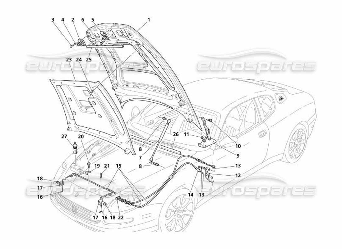 maserati 4200 coupe (2005) engine bonnet and opening device parts diagram