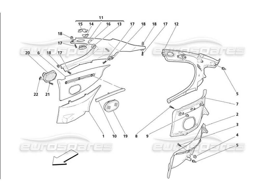 maserati 4200 gransport (2005) inner coverings - post covering and rear moulding parts diagram