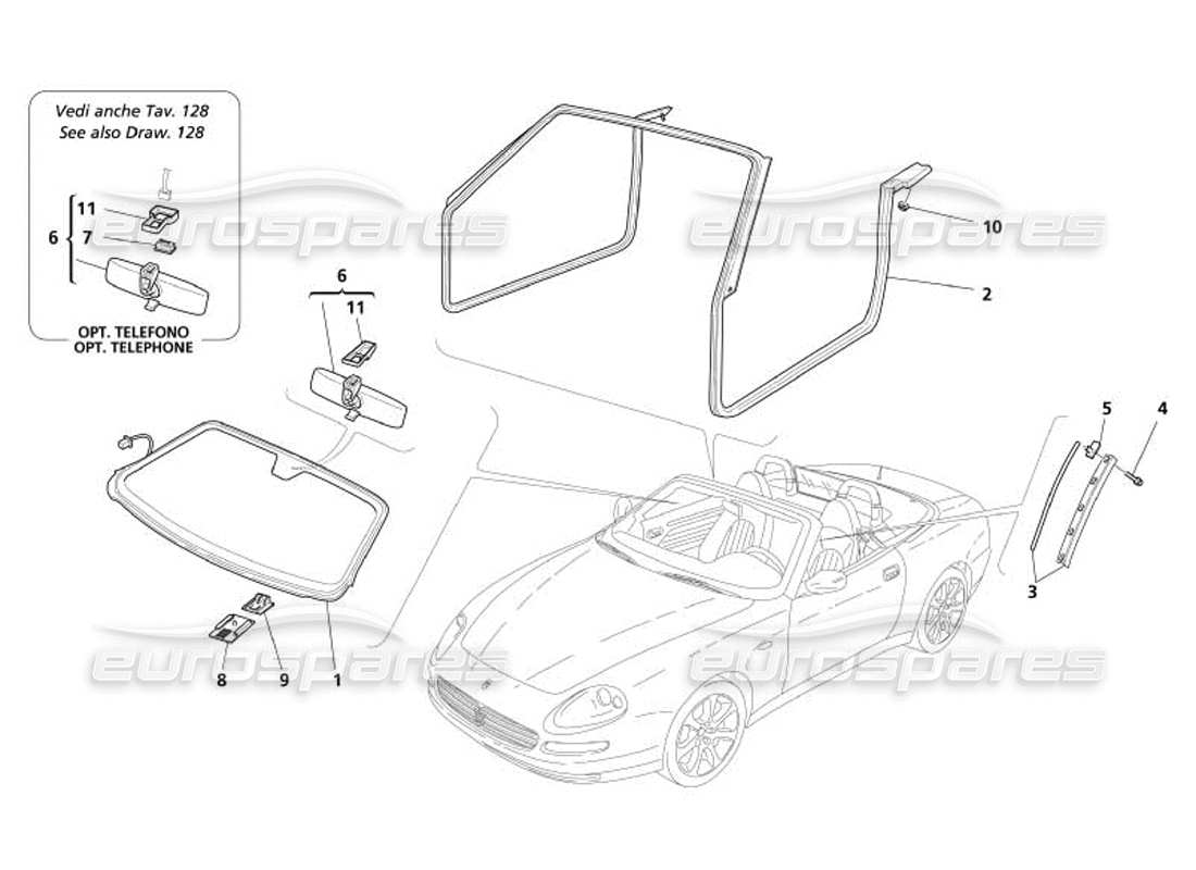 maserati 4200 spyder (2005) glasses windshield - gaskets and inner rearwiew mirror part diagram