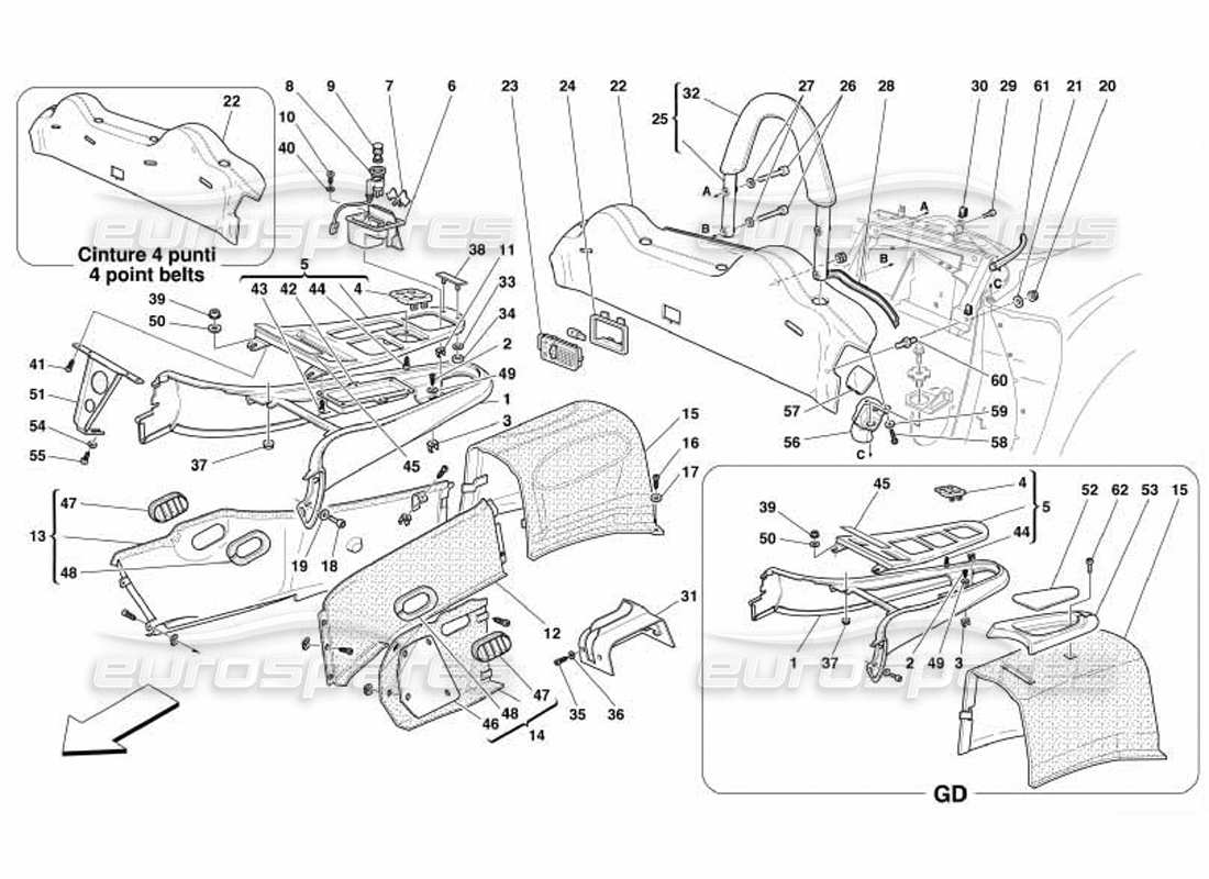 ferrari 550 barchetta tunnel - inner trims part diagram