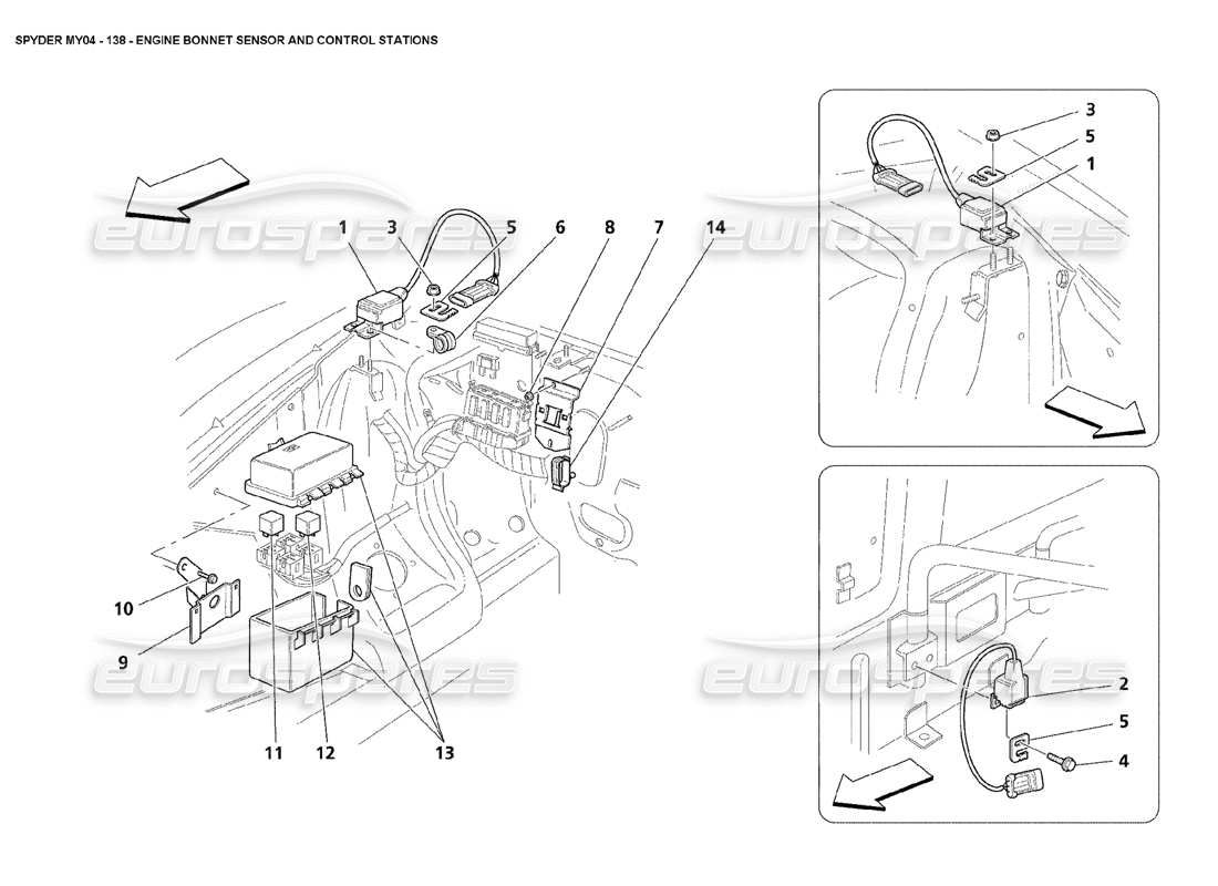 maserati 4200 spyder (2004) engine bonnet sensor and control stations part diagram