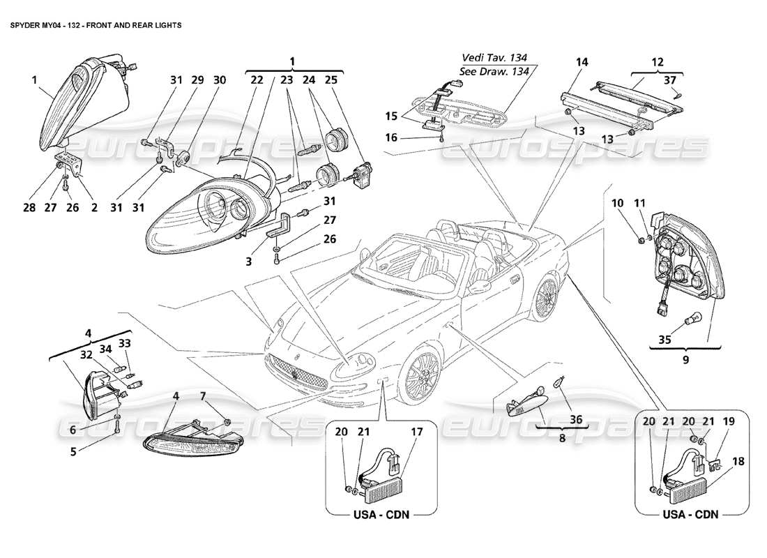 maserati 4200 spyder (2004) front and rear lights part diagram