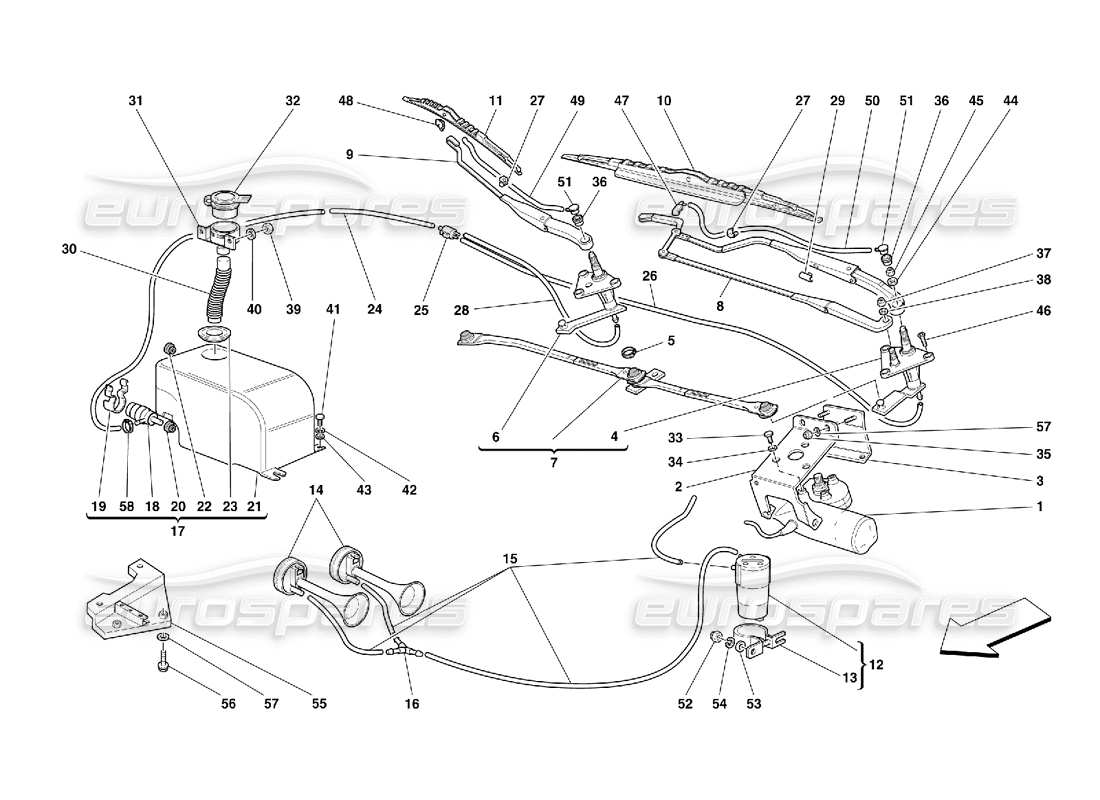 ferrari 456 gt/gta windshield wiper, washer and horns part diagram