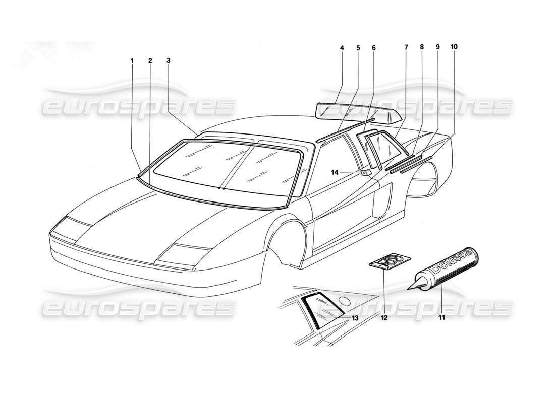 ferrari testarossa (1990) glass & windows parts diagram