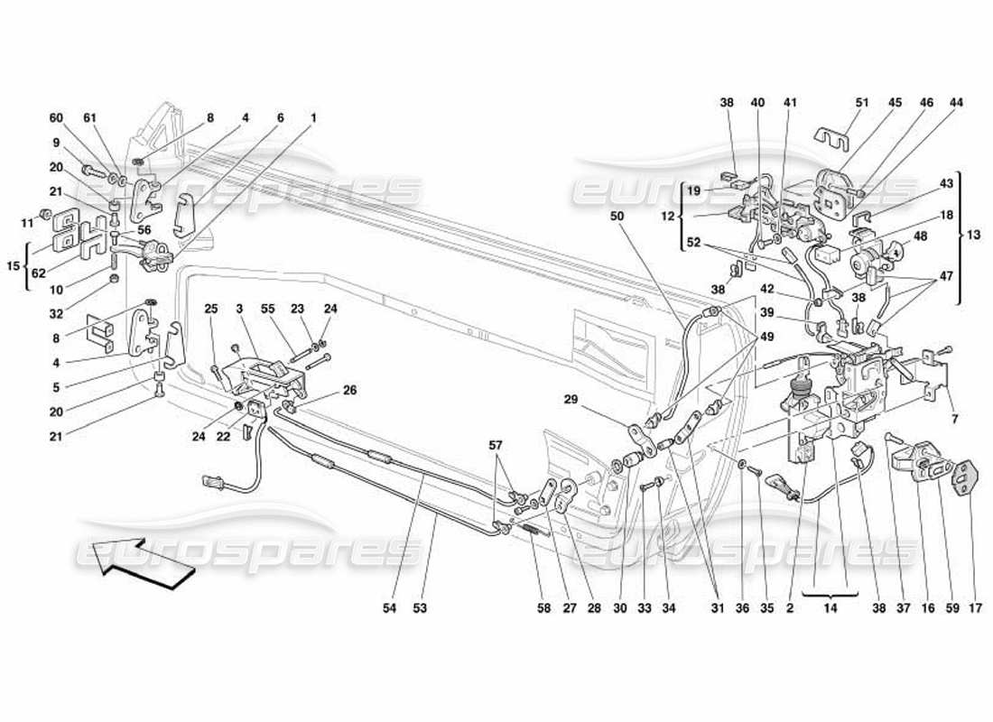 ferrari 550 barchetta doors - opening control and hinges parts diagram