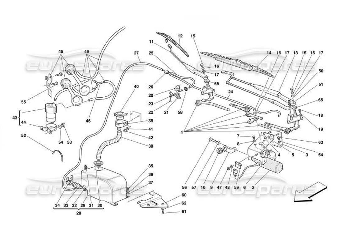 ferrari 550 barchetta windscreen wiper, windscreen washer and horns part diagram