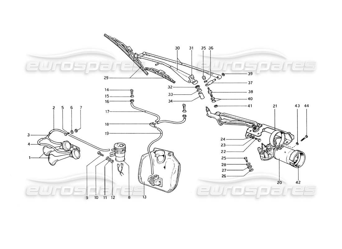 ferrari 365 gt4 berlinetta boxer windshield wiper, washer and horns part diagram