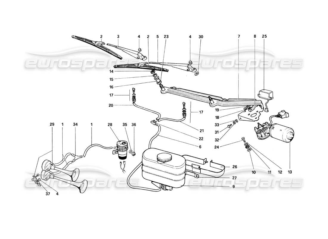 ferrari 208 turbo (1982) windshields wiper, washer and horn part diagram