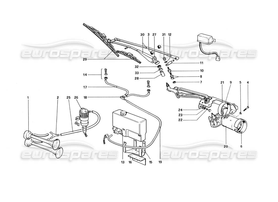 ferrari 512 bbi windshield wiper, washer and horns part diagram