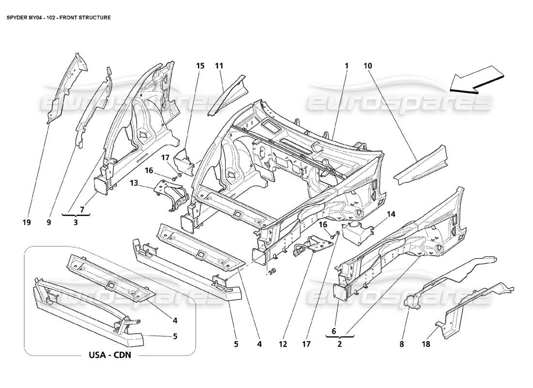 maserati 4200 spyder (2004) front structure parts diagram