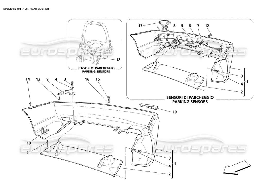 maserati 4200 spyder (2004) rear bumper parts diagram