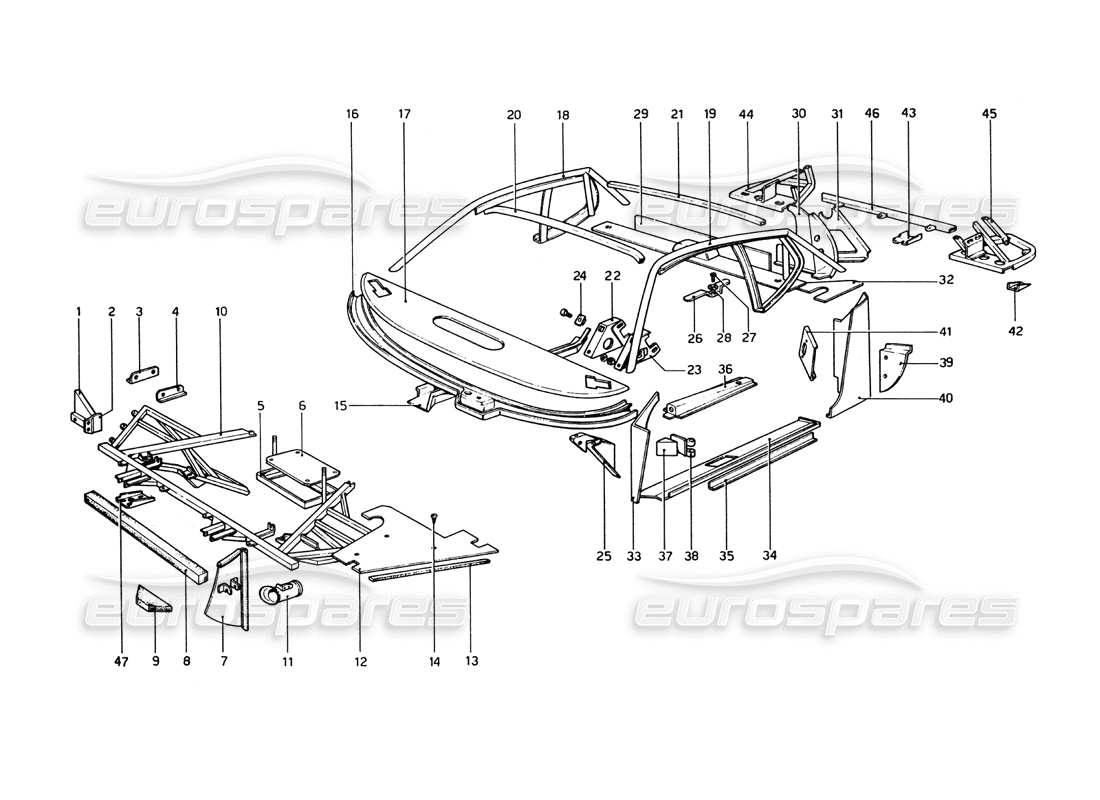 ferrari 365 gt4 berlinetta boxer body shell - inner elements part diagram