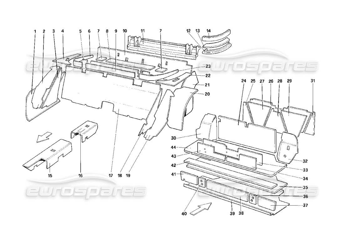 ferrari mondial 3.2 qv (1987) luggage and passenger compart, insulation - 3.2 mondial coupe - usa - sa - aus - ch87 - ch88 excluded parts diagram