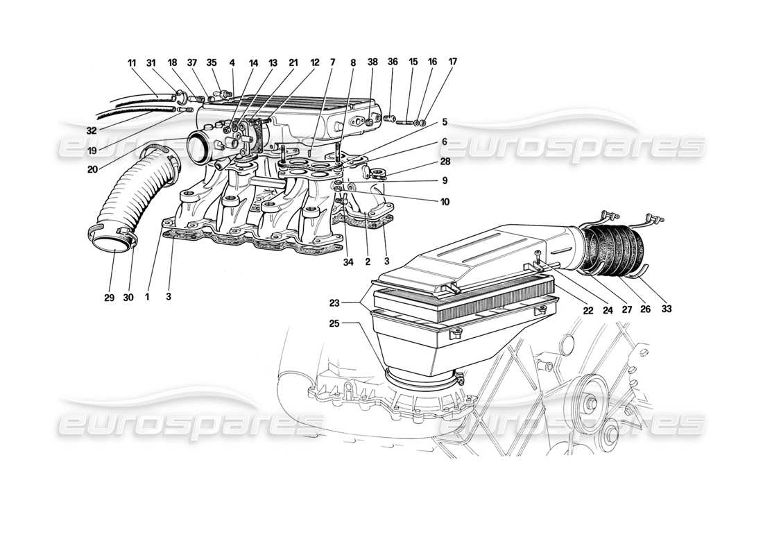 ferrari mondial 3.2 qv (1987) air intake and manifolds parts diagram