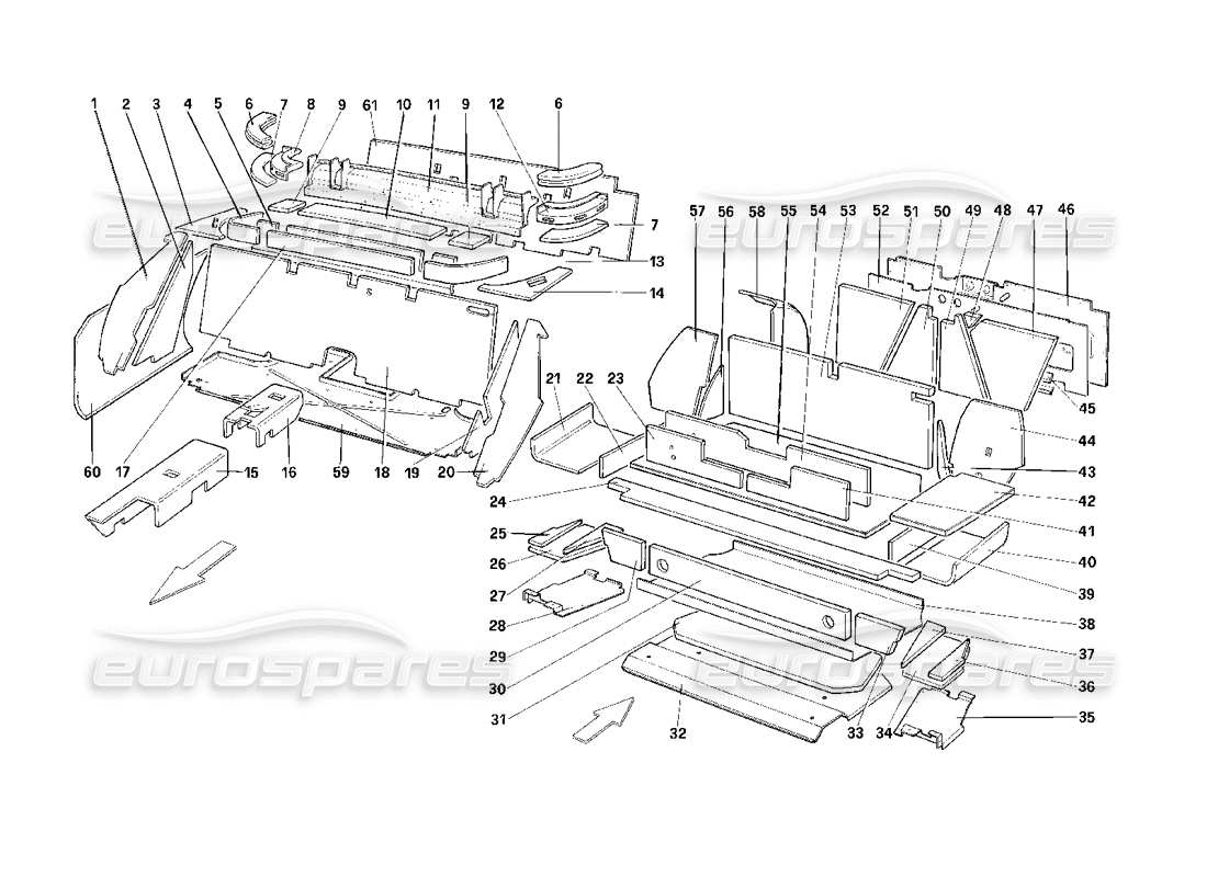 ferrari mondial 3.2 qv (1987) luggage and passenger compart, insulation - 3.2 mondial coupe usa - sa - aus - ch87 - ch88 part diagram