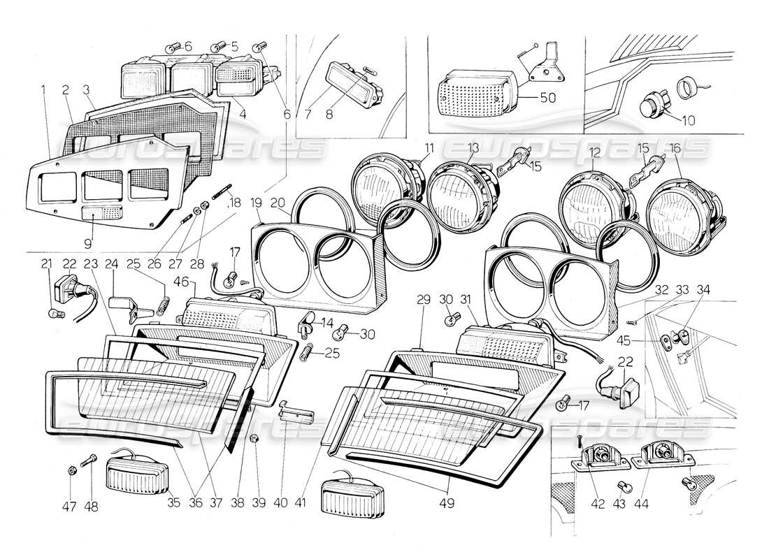 lamborghini countach 5000 qv (1985) headlamps and direction indicators part diagram