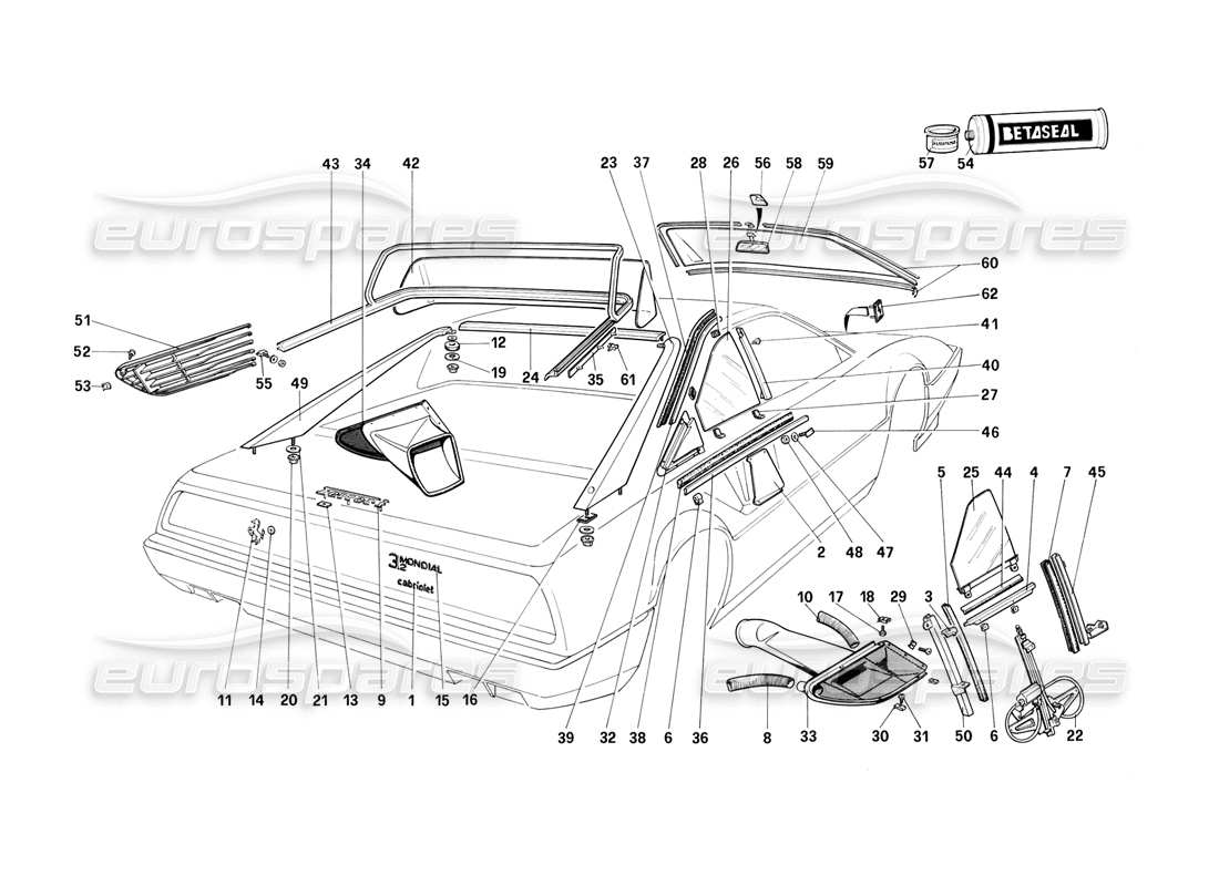 ferrari mondial 3.2 qv (1987) glasses parts diagram