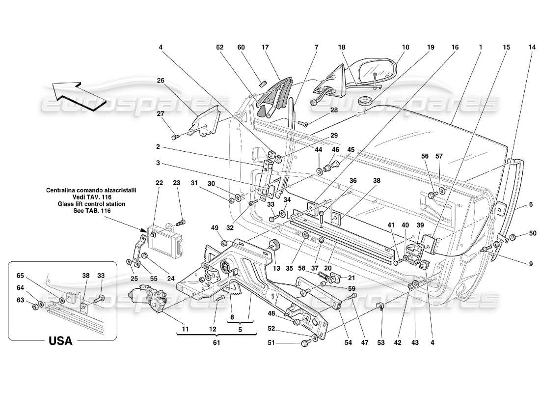 ferrari 456 gt/gta doors - power window and rearview mirror part diagram