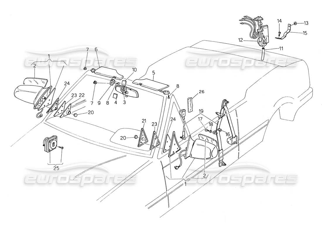 maserati biturbo spider seat belts-mirrors and sun visor parts diagram